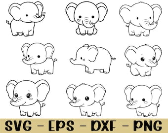 Cute Kawaii Baby Elephant Svg, Dxf, Png