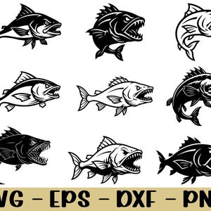 May include: A collection of nine black and white fish illustrations with open mouths and sharp teeth. The fish are in various poses, some swimming left, right, or angled. The bottom of the image displays the text "SVG - EPS - DXF - PNG" in a gold color.