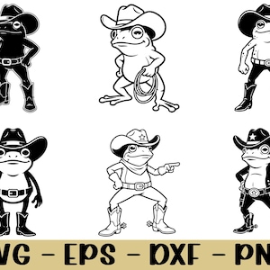 Puede incluir: Seis ilustraciones de dibujos animados en blanco y negro de ranas vaqueras. Cada rana lleva un sombrero de vaquero, botas y un cinturón. Algunas ranas sostienen un lazo o señalan, mientras que otras se paran con las manos en las caderas.
