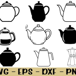 May include: Collection of black and white teapot illustrations. The teapots vary in shape and style, some with steam rising from the spout. The image also includes the text "SVG - EPS - DXF - PNG".