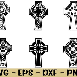 Puede incluir: Seis diseños de cruces celtas en blanco y negro con intrincados nudos y elementos circulares. La imagen muestra el texto "SVG - EPS - DXF - PNG" en color dorado en la parte inferior.