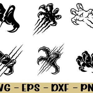 May include: A collection of six black claw designs with sharp talons, some with scratch marks. The bottom of the image displays the text "SVG - EPS - DXF - PNG" in a gold color.
