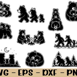 Puede incluir: Una colección de ilustraciones de familias de osos en blanco y negro con varias escenas, incluyendo osos abrazándose, caminando, sentados junto a una fogata y de pie en un bosque. El texto SVG - EPS - DXF - PNG aparece en la parte inferior.