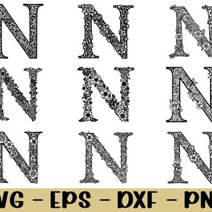 May include: Nine black and white floral letter "N" designs. Each letter is intricately decorated with flowers and leaves. The letters are in various styles, with the words "SVG - EPS - DXF - PNG" at the bottom.