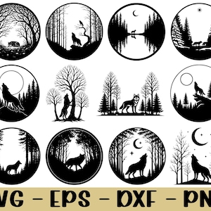 May include: A collection of black and white circular designs featuring wolves in various forest scenes. Some designs show wolves howling at the moon, while others depict wolves standing or walking among trees. The bottom of the image displays the text "SVG - EPS - DXF - PNG."