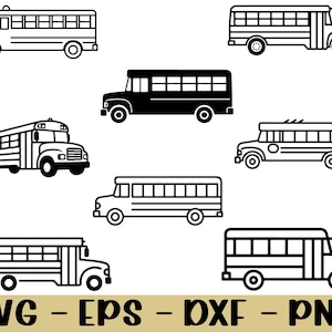 Puede incluir: Colección de ilustraciones de autobuses escolares en blanco y negro, en varios estilos. La imagen incluye diferentes vistas de los autobuses, desde perfiles laterales hasta vistas frontales. La parte inferior de la imagen muestra el texto "SVG - EPS - DXF - PNG".