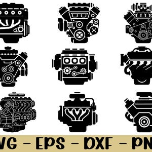 May include: A collection of nine black engine illustrations in various designs. The image includes the text "SVG - EPS - DXF - PNG" at the bottom, indicating file formats. The engines are depicted in a flat, graphic style.