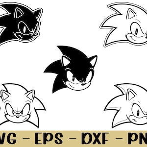 May include: A collection of five stylized illustrations of Sonic the Hedgehog's head in black and white. The images include both filled and outlined versions of the character's face. The bottom of the image displays the text "SVG - EPS - DXF - PNG".