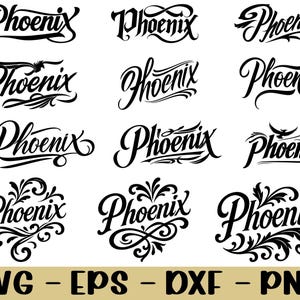 Puede incluir: Una colección de diseños de arte de palabras "Phoenix" en blanco y negro en varias fuentes de escritura elegantes. La imagen incluye los formatos de archivo: SVG, EPS, DXF y PNG.