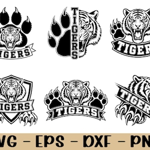 Könnte beinhalten: Eine Sammlung von sechs schwarz-weißen Grafikdesigns mit Tigerköpfen, Pfotenabdrücken und Bannern mit dem Text TIGERS. Das Set enthält verschiedene Kompositionen von brüllenden Tigern, Krallenspuren und Schilden in einem klaren, kontrastreichen Stil.