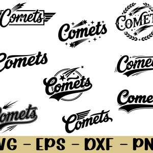 Puede incluir: Una colección de diseños de logotipos "Comets" en blanco y negro en varios estilos, incluyendo texto con estrellas fugaces y estrellas, y un diseño con alas. La parte inferior de la imagen muestra el texto "SVG - EPS - DXF - PNG".