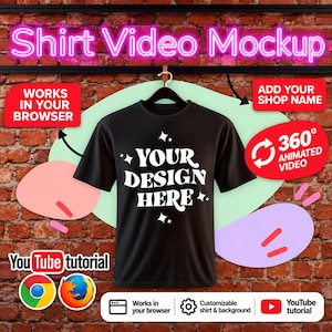 Könnte beinhalten: Ein schwarzes T-Shirt auf einem Kleiderbügel mit dem weißen Text YOUR DESIGN HERE, umgeben von Sternsymbolen. Das Bild enthält den Neon-Text Shirt Video Mockup, rote Infoboxen mit Text, Browser-Symbole und ein YouTube tutorial-Label.