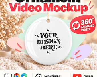 May include: A white circular ceramic ornament mockup featuring the black text 'YOUR DESIGN HERE' surrounded by small star icons. The ornament includes a gold hanging string and is presented with digital graphics indicating a 360-degree animated video.