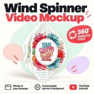 May include: A white wind spinner mockup featuring a central circular area with the text YOUR CUSTOM DESIGN HERE surrounded by red and teal floral patterns. The graphic includes a 360 degree animated video icon, browser, gear, and YouTube icons.