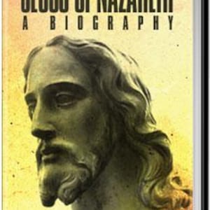 May include: A book titled "JESUS OF NAZARETH A BIOGRAPHY" by John Mark. The book cover features a sepia-toned image of a bust of Jesus with long hair and a beard. The background is a textured yellow.