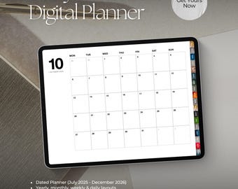May include: A digital planner on a tablet displays a calendar for October 2025. The screen shows a grid layout with dates. The text "Truly minimalist Digital Planner" is at the top, with a call to action "Get Yours Now".