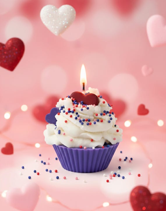 Handcrafted Valentine's Cupcake Candle, Custom Embeds, Gift Wrapped