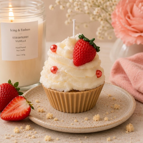 Gourmet Strawberry Shortcake Cupcake Candle, Hand-Piped Dessert Candle, Birthday Gift