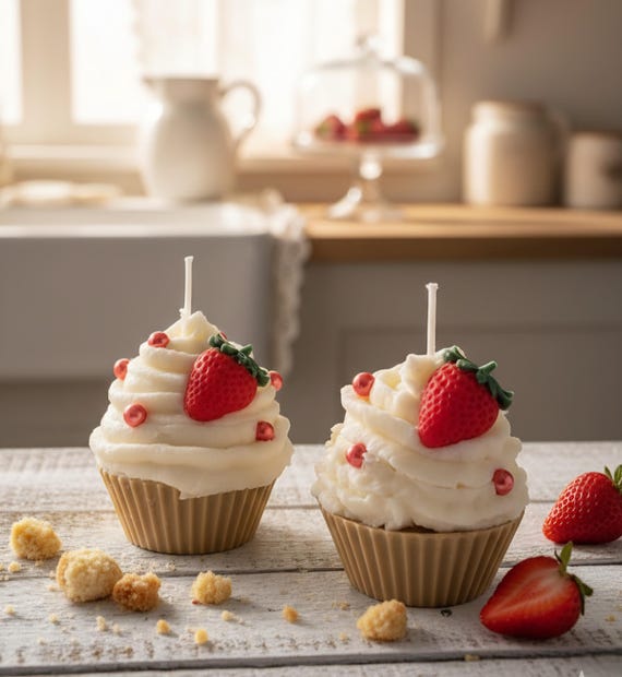 Gourmet Strawberry Shortcake Cupcake Candle, Hand-Piped Dessert Candle, Valentine Gift