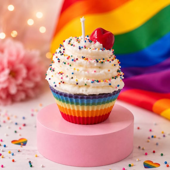 Rainbow Cupcake Candle – Hand-Poured Birthday Cake Scent, Party Decor, Personalized Birthday Gift - Pride