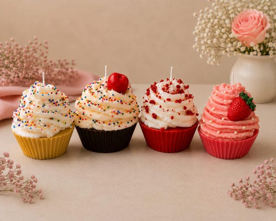 Cupcake Candle Gift Set, Bakery Dessert Candles, Strawberry, Vanilla, Red Velvet, Chocoate. Birthday Gift