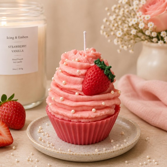 Strawberry Cupcake Candle - Gourmet Bakery Scent, Hand-crafted Personalized Gift