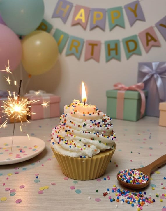 Vanilla Cupcake Candle – Personalized Birthday Celebration Gift, Rainbow Sprinkles