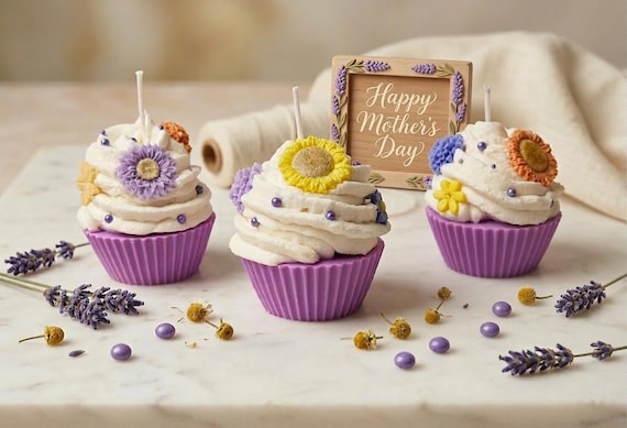 Hand-Poured Flower Cupcake Candle: Lavender Rose Vanilla, Mother’s Day Gift