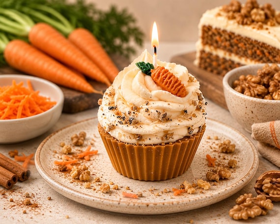 Realistic Carrot Cake Cupcake Candle – Spiced Soy Wax Dessert Candle, Spring Decor