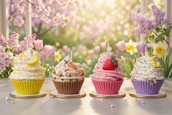 Hand-Poured Soy Wax Cupcake Candles – Spring Candle Gift Set - Easter Gift