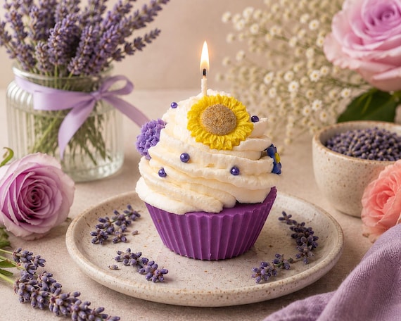 Hand-Poured Cupcake Candle: Lavender Rose Vanilla Scented Floral Wax Art