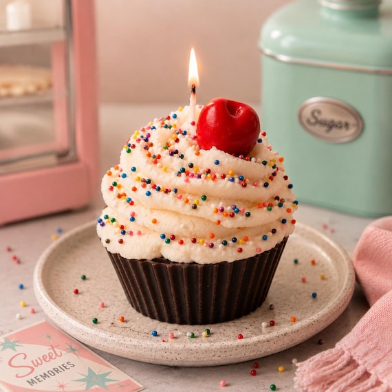 Retro Cupcake Candle – Dual Scented Chocolate Birthday Cake, Kitsch Bakery Style