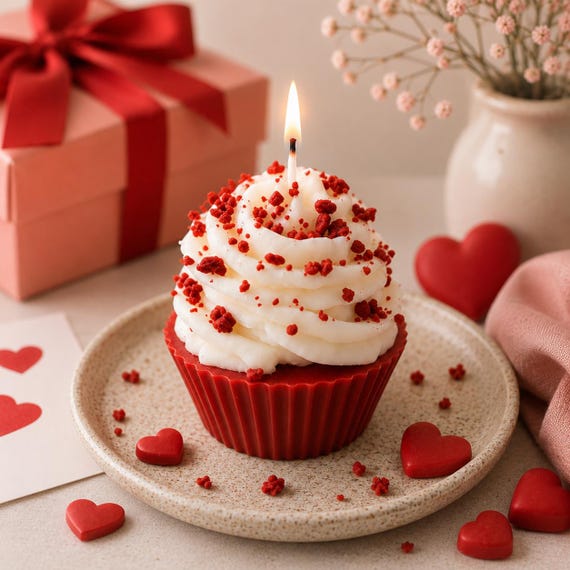 Red Velvet Cupcake Candle, Hand-Crumbled Toppings, Bakery Gift, Gift Wrapped