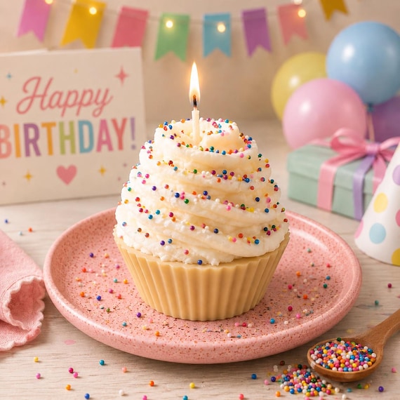 Vanilla Cupcake Candle – Personalized Birthday Celebration Gift, Rainbow Sprinkles