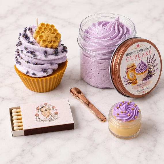 Honey Lavender Cupcake Candle, Sugar Scrub, Lip Balm Gift Set
