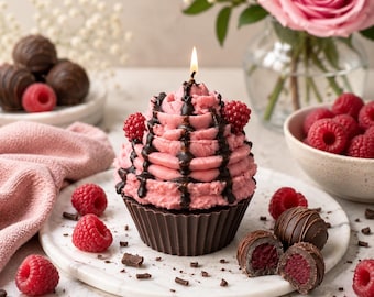 Dark Chocolate Raspberry Truffle Dual-Scented Cupcake Candle, Hand-crafted Personalized Gift