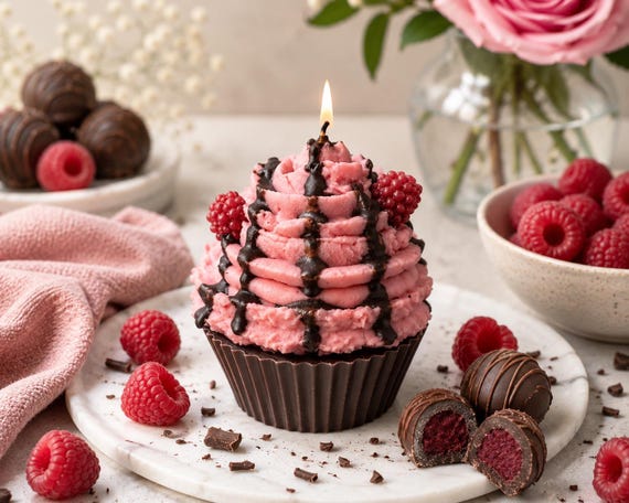 Dark Chocolate Raspberry Truffle Dual-Scented Cupcake Candle, Hand-crafted Personalized Gift