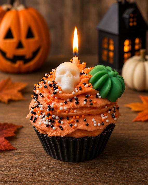 Halloween Cupcake Candle | Hyper-Realistic Soy Wax Skull, Bat, Pumpkin Decor