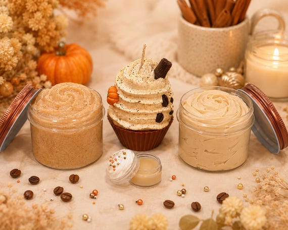 Pumpkin Spice Latte Cupcake Gift Set | Fall Self-Care Collection (Candle, Lip Balm, Scrub, Butter)