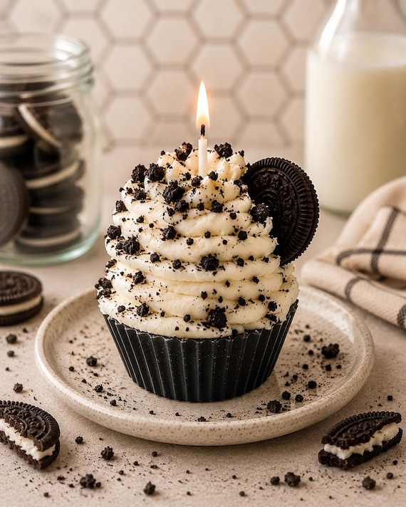 Cookies and Cream Cupcake Candle, Oreo Scented Soy Wax Hand-crafted Bakery Gift