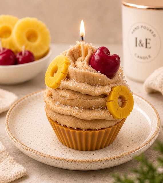 Pineapple Upside Down Cupcake Candle | Realistic Dessert Bakery Candle | Birthday Gift