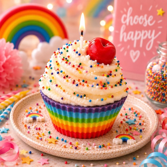 Rainbow Cupcake Candle – Hand-Poured Birthday Cake Scent, Party Decor, Personalized Birthday Gift - Pride