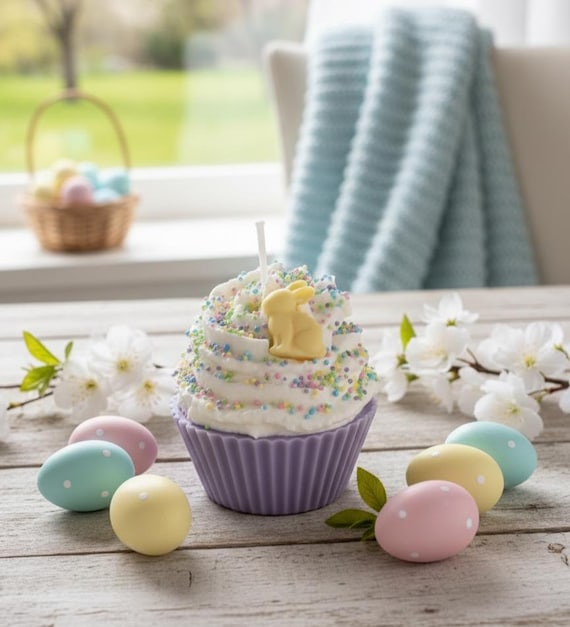 Easter Bunny Cupcake Candle - Hand-Poured Whipped Wax Dessert Candle