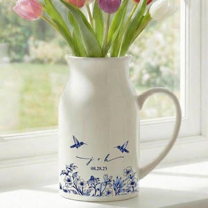 Personalized Ceramic Vase, Custom Initials Name Date, Blue Floral Hummingbird Design, Wedding Gift, Anniversary Keepsake, Cottagecore Decor