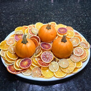 May include: A white oval platter holds three small orange pumpkins surrounded by dried orange and citrus slices. The arrangement features a variety of colors, including orange, yellow, and red, creating a festive and autumnal display.