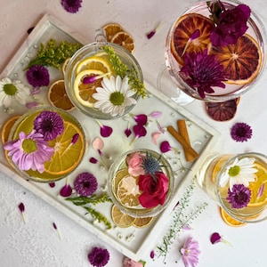 May include: Overhead shot of several clear glasses and a tray with floral garnishes. The drinks contain citrus slices, flowers, and herbs. Dried orange slices and cinnamon sticks are also present, with scattered flower petals.