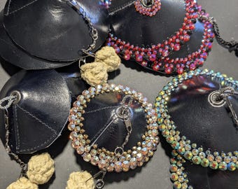 Fire Tassels - fully rhinestoned,  semi rhinestoned or plain with kevlar mini wick on leather