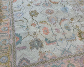 Hand Knotted Oushak Rug, Pastel Turkish Wool Rug, Vintage Floral Area Rug, Neutral Living Room Rug, Custom Size 7x10, 8x10