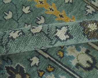 Hand Knotted Oushak Rug, Teal Green Floral Turkish Wool Area Rug, Vintage Garden Design Oriental Boho Home Decor