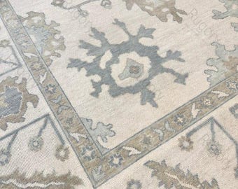 Hand Knotted Oushak Rug 8x10 Ft, Vintage Turkish Rug, Soft Pastel Wool Carpet, Floral Traditional Area Rug